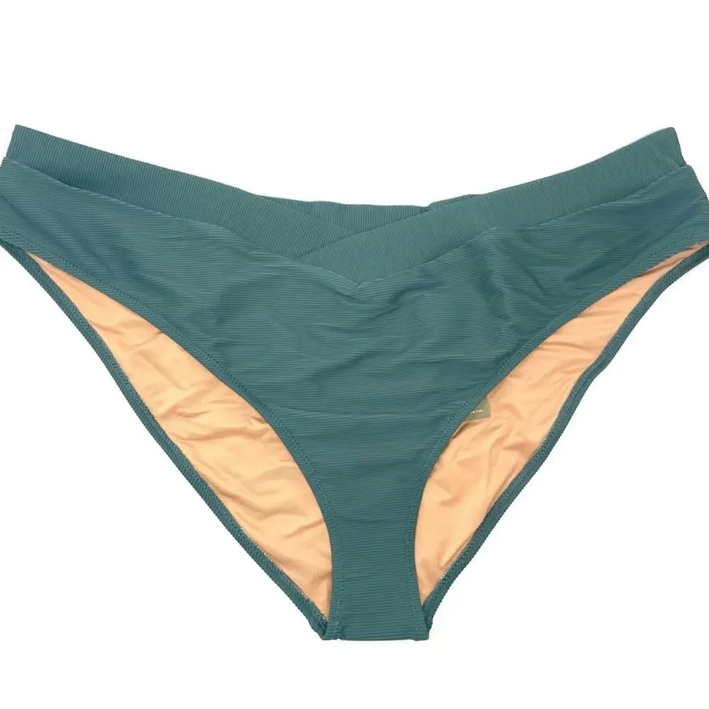 NEW J. Crew Ribbed Cross-front Cheeky Bikini Bottom, Green, Women's 3X BE812 $59